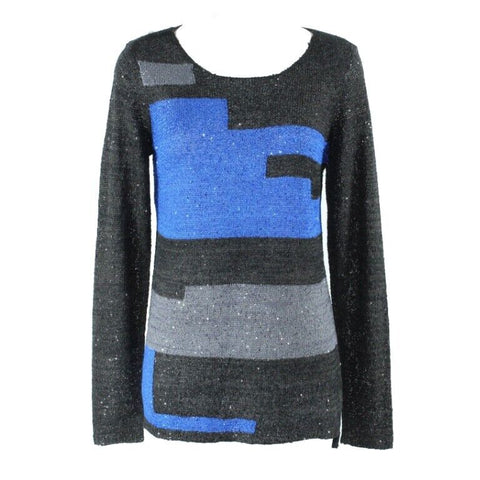 Alfani Sz S NWT $79 Black Royal Blue Gray Knit Sequin Knit Poly Blend Sweater