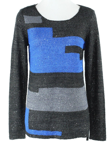 Alfani Sz S NWT $79 Black Royal Blue Gray Knit Sequin Knit Poly Blend Sweater