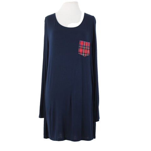 Million Bullpup Sz M Navy Blue Red Plaid Long Sleeve V Back Rayon Spandex Dress