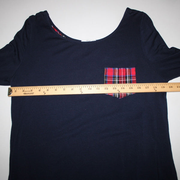 Million Bullpup Sz M Navy Blue Red Plaid Long Sleeve V Back Rayon Spandex Dress