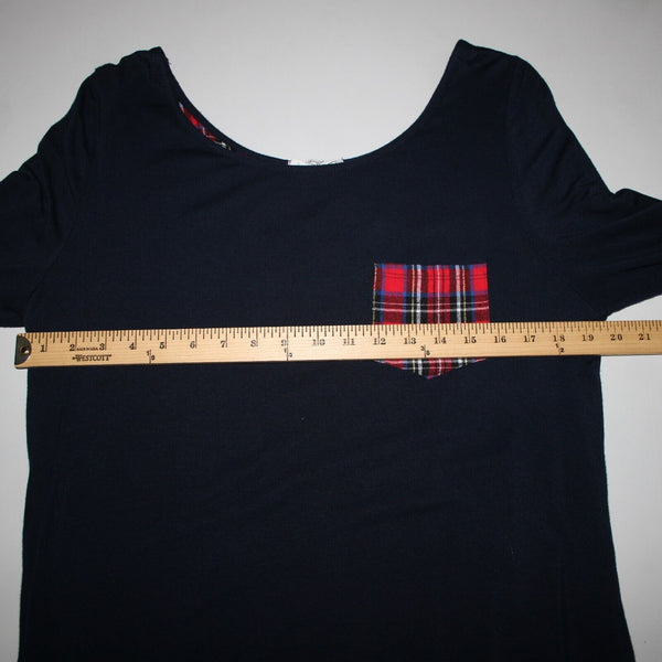 Million Bullpup Sz M Navy Blue Red Plaid Long Sleeve V Back Rayon Spandex Dress