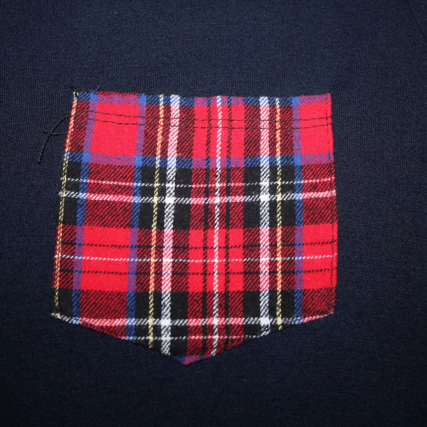 Million Bullpup Sz M Navy Blue Red Plaid Long Sleeve V Back Rayon Spandex Dress