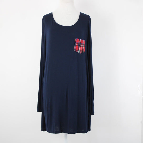Million Bullpup Sz M Navy Blue Red Plaid Long Sleeve V Back Rayon Spandex Dress