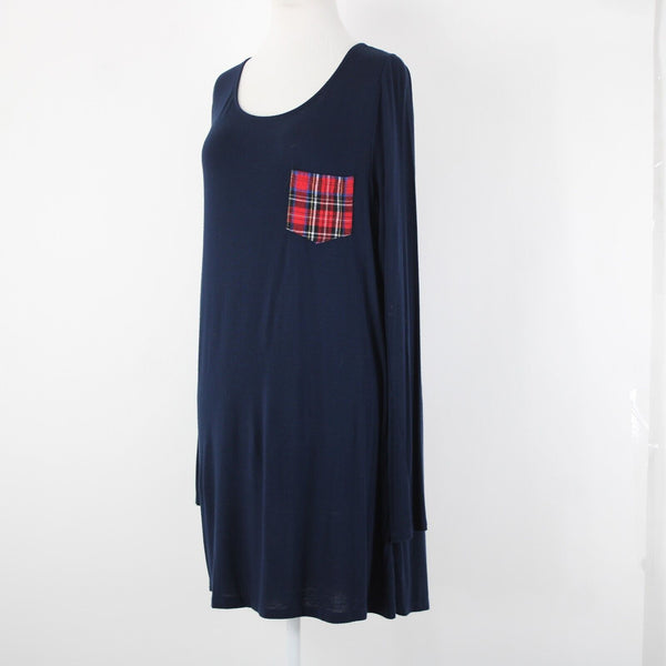Million Bullpup Sz M Navy Blue Red Plaid Long Sleeve V Back Rayon Spandex Dress