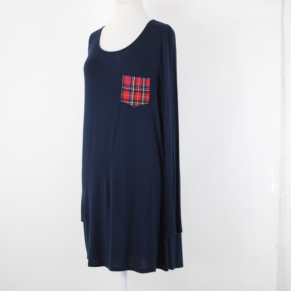 Million Bullpup Sz M Navy Blue Red Plaid Long Sleeve V Back Rayon Spandex Dress