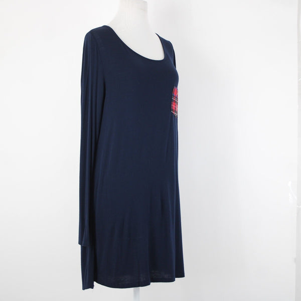 Million Bullpup Sz M Navy Blue Red Plaid Long Sleeve V Back Rayon Spandex Dress