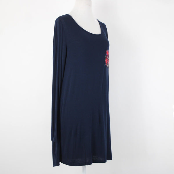 Million Bullpup Sz M Navy Blue Red Plaid Long Sleeve V Back Rayon Spandex Dress