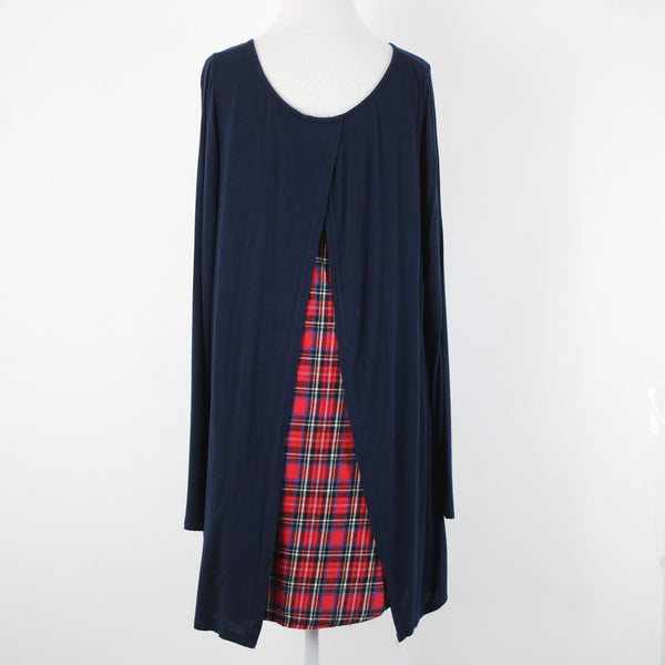 Million Bullpup Sz M Navy Blue Red Plaid Long Sleeve V Back Rayon Spandex Dress