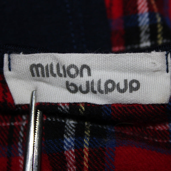 Million Bullpup Sz M Navy Blue Red Plaid Long Sleeve V Back Rayon Spandex Dress