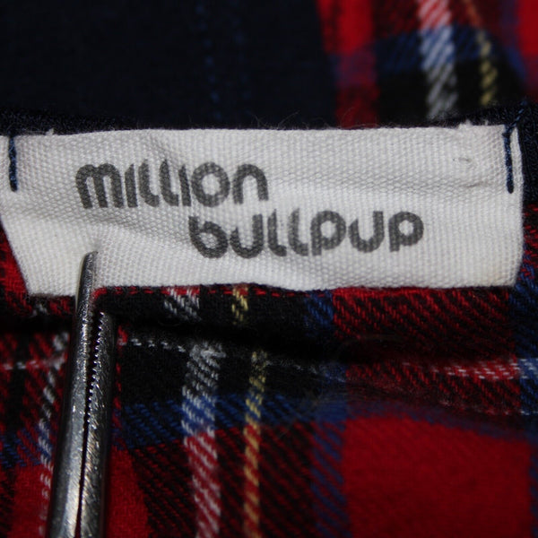 Million Bullpup Sz M Navy Blue Red Plaid Long Sleeve V Back Rayon Spandex Dress