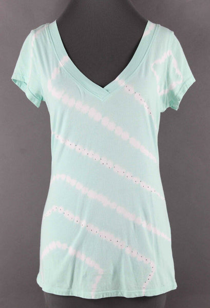 INC Sz M Mint Green White Tie Dye Striped Rhinestones Cotton Blend Top