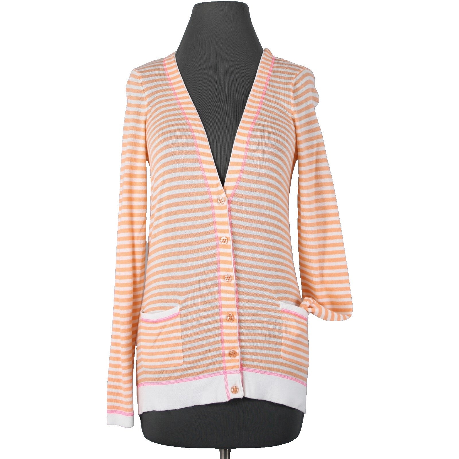 Design History NEW Sz S Orange Pink Cream Pockets Cotton Modal Cardigan Sweater