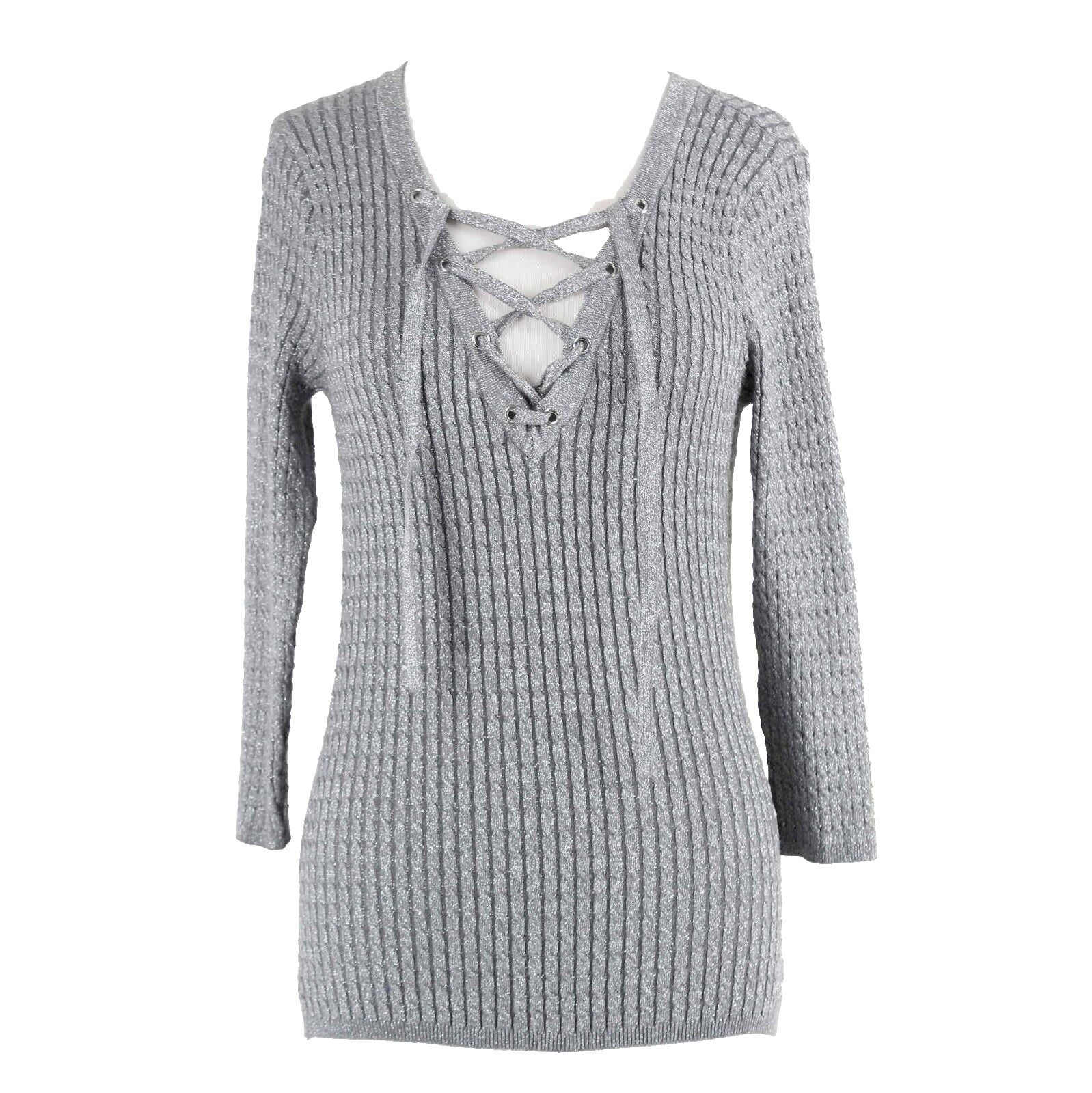 New York & Co Sz XS Silver Ribbed Laced Neck Nylon Rayon Poly Metallic Top