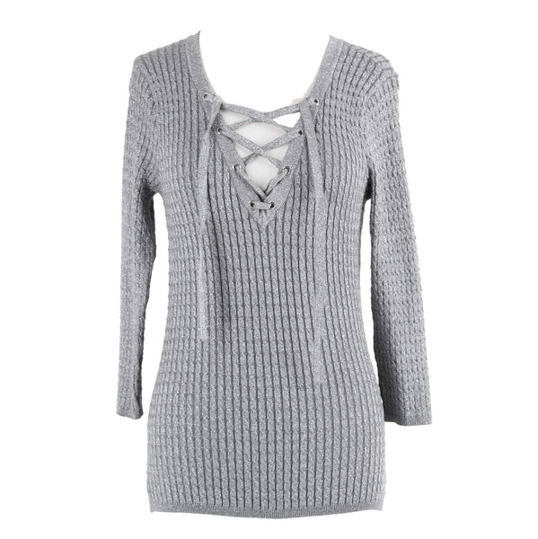 New York & Co Sz XS Silver Ribbed Laced Neck Nylon Rayon Poly Metallic Top