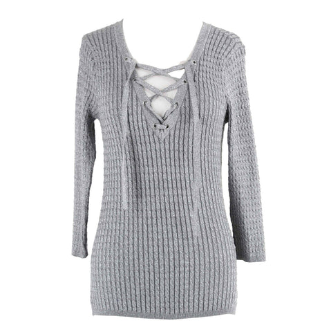 New York & Co Sz XS Silver Ribbed Laced Neck Nylon Rayon Poly Metallic Top