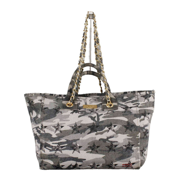 Peace Love World 11 x 20 Green Camo Lined Cotton Poly Multi Handle Tote