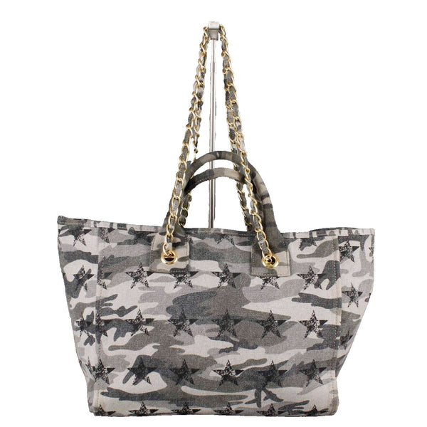 Peace Love World 11 x 20 Green Camo Lined Cotton Poly Multi Handle Tote