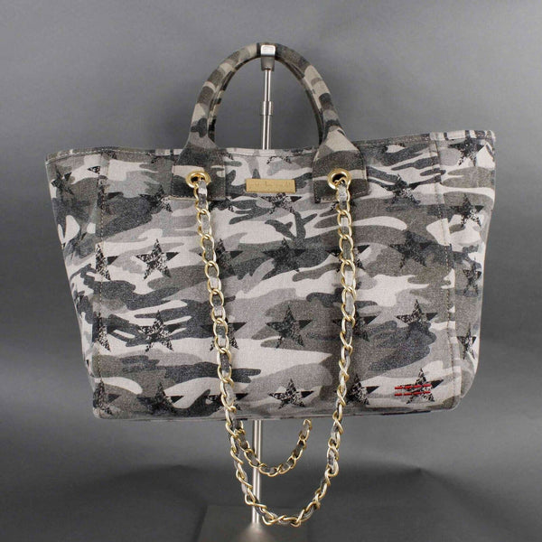 Peace Love World 11 x 20 Green Camo Lined Cotton Poly Multi Handle Tote
