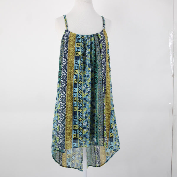 Intu Sz M Navy Yellow Multi Color Floral Asymmetrical Lined 100% Polyester Top