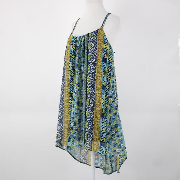 Intu Sz M Navy Yellow Multi Color Floral Asymmetrical Lined 100% Polyester Top