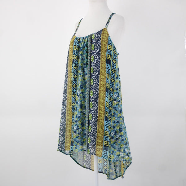 Intu Sz M Navy Yellow Multi Color Floral Asymmetrical Lined 100% Polyester Top