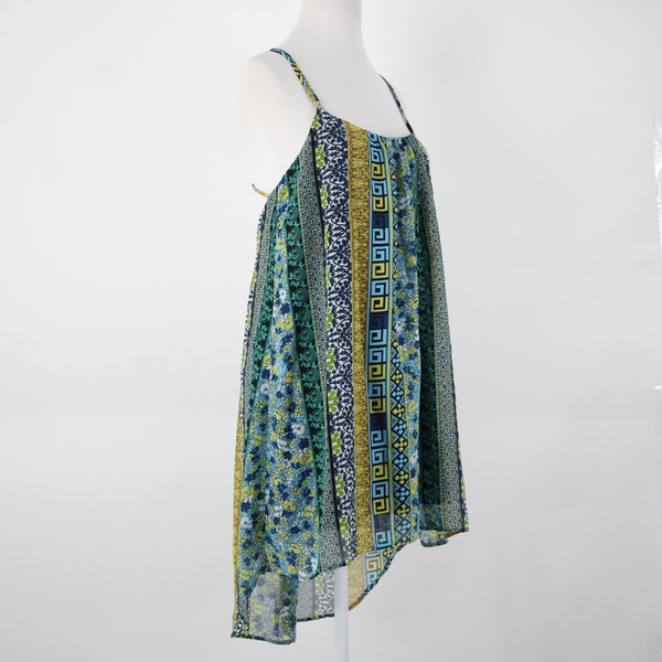Intu Sz M Navy Yellow Multi Color Floral Asymmetrical Lined 100% Polyester Top