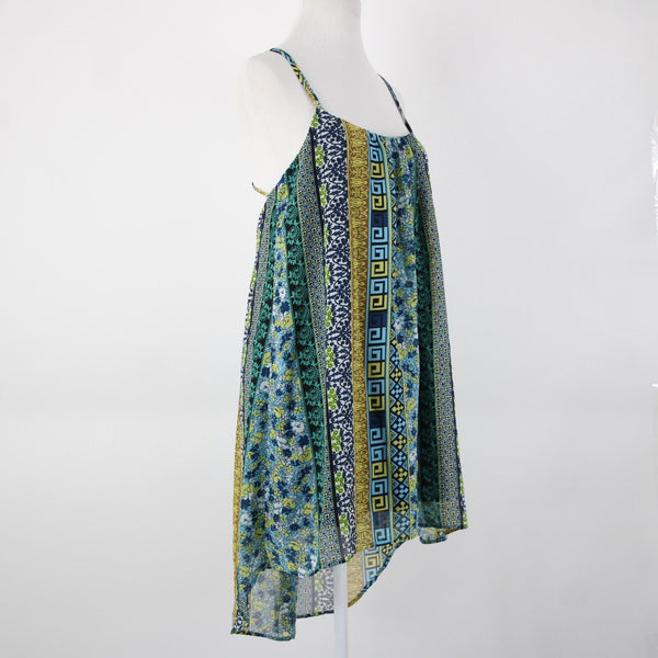 Intu Sz M Navy Yellow Multi Color Floral Asymmetrical Lined 100% Polyester Top