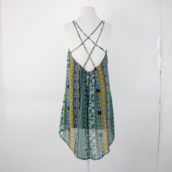 Intu Sz M Navy Yellow Multi Color Floral Asymmetrical Lined 100% Polyester Top