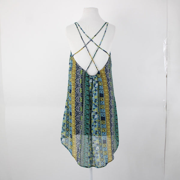Intu Sz M Navy Yellow Multi Color Floral Asymmetrical Lined 100% Polyester Top
