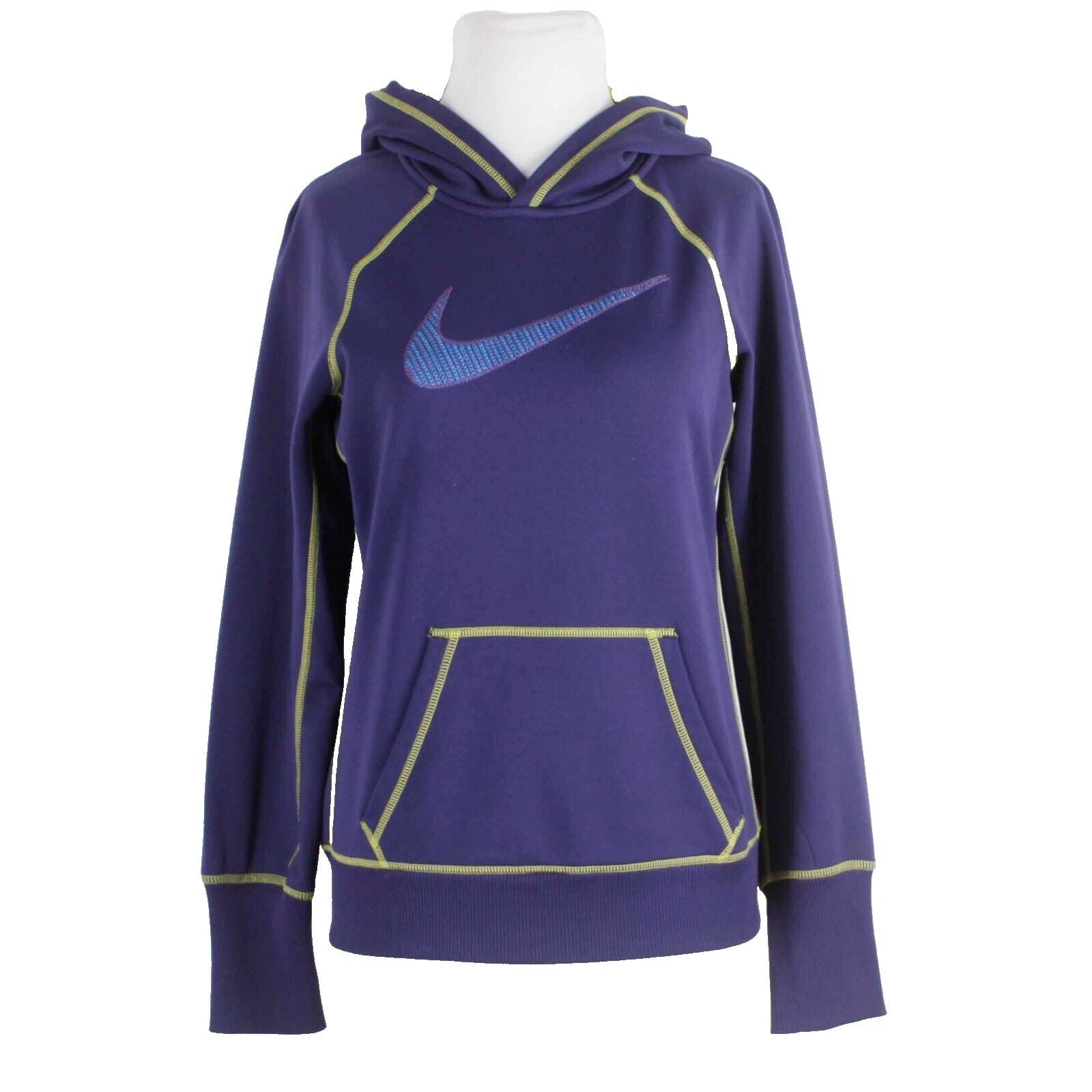 Nike Therma Fit Sz S Lime Green Purple Pocket Hooded Poly Spandex AW Sweater