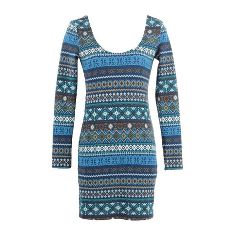 Forever 21 Sz S Navy Blue Multi Bodycon Double Scoop Poly Spandex Dress
