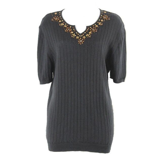 Alfred Dunner Sz L Black Ribbed Brown Wood Beads Ramie Cotton Sweater Top