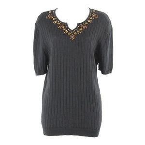 Alfred Dunner Sz L Black Ribbed Brown Wood Beads Ramie Cotton Sweater Top