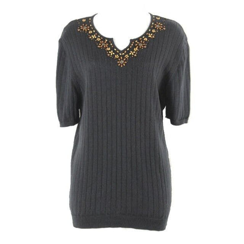 Alfred Dunner Sz L Black Ribbed Brown Wood Beads Ramie Cotton Sweater Top