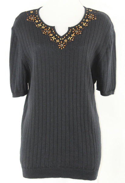 Alfred Dunner Sz L Black Ribbed Brown Wood Beads Ramie Cotton Sweater Top