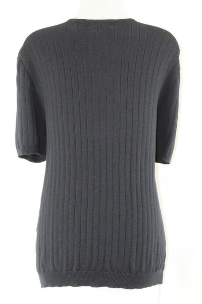 Alfred Dunner Sz L Black Ribbed Brown Wood Beads Ramie Cotton Sweater Top