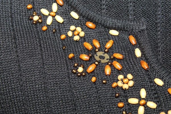 Alfred Dunner Sz L Black Ribbed Brown Wood Beads Ramie Cotton Sweater Top
