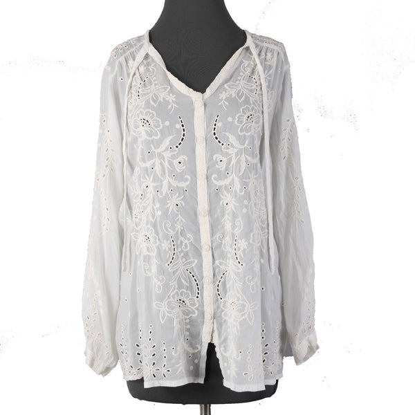 Johnny Was Top NEW $275 Monroe Sz S White Embroidered 100% Rayon Poly Top
