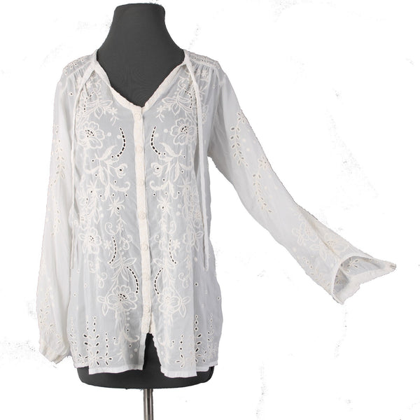 Johnny Was Top NEW $275 Monroe Sz S White Embroidered 100% Rayon Poly Top