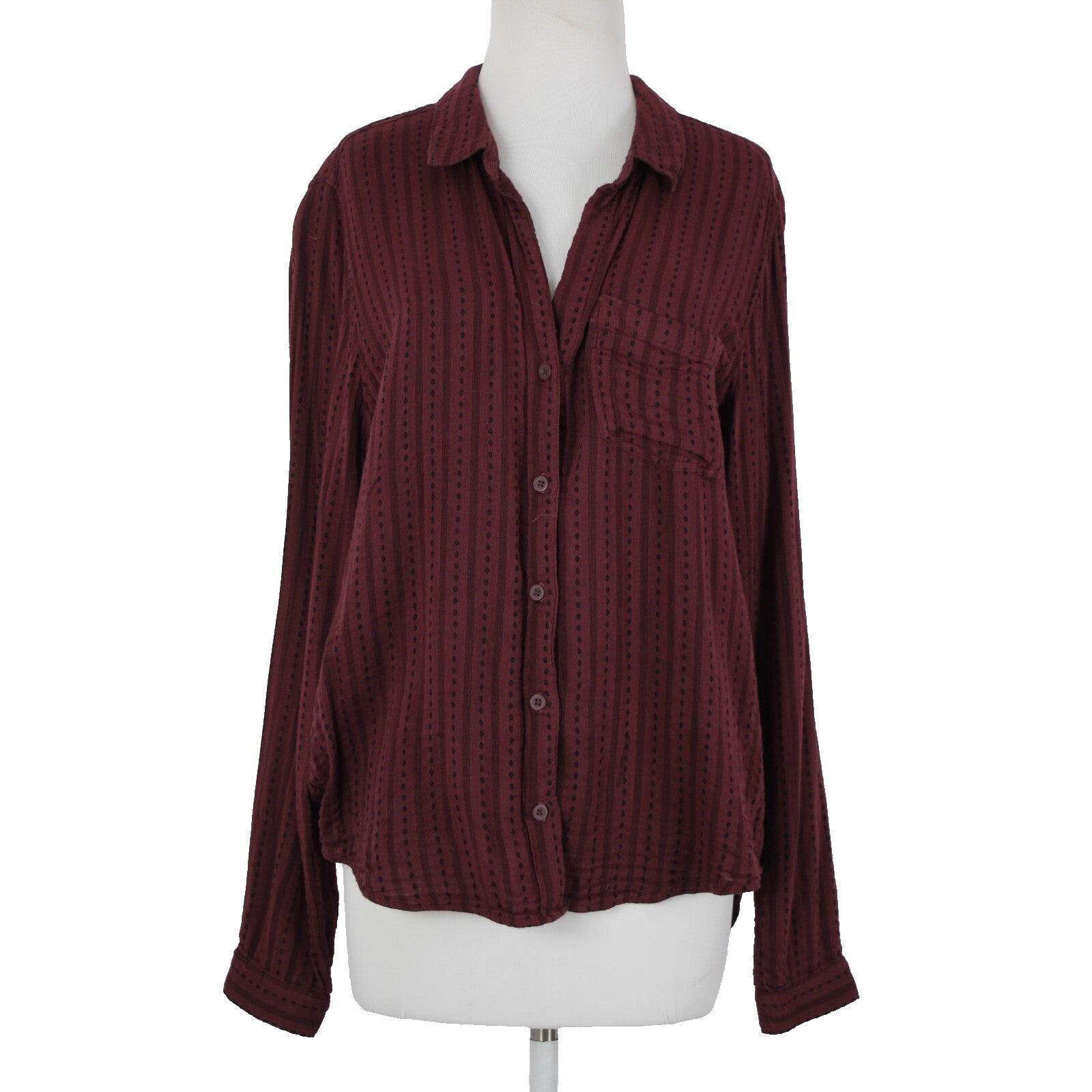 Cloth Stone Sz L Burgundy Purple Black Collared Buttons Cotton Rayon Top