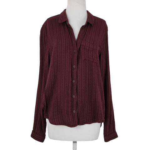 Cloth Stone Sz L Burgundy Purple Black Collared Buttons Cotton Rayon Top