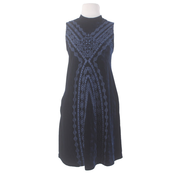 Thml Dress Sz L Navy Lt Blue Embroidered Collared Sleeveless Velour Poly Dress