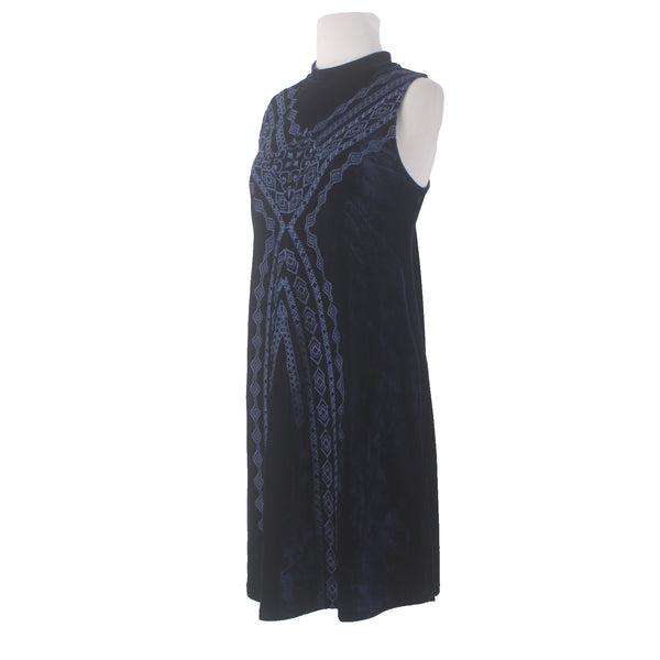 Thml Dress Sz L Navy Lt Blue Embroidered Collared Sleeveless Velour Poly Dress