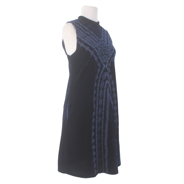 Thml Dress Sz L Navy Lt Blue Embroidered Collared Sleeveless Velour Poly Dress