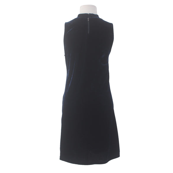 Thml Dress Sz L Navy Lt Blue Embroidered Collared Sleeveless Velour Poly Dress