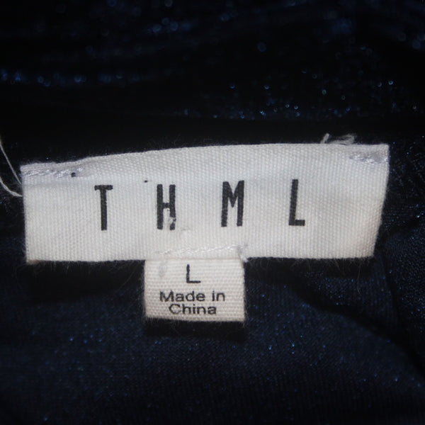 Thml Dress Sz L Navy Lt Blue Embroidered Collared Sleeveless Velour Poly Dress