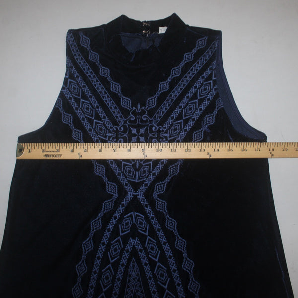 Thml Dress Sz L Navy Lt Blue Embroidered Collared Sleeveless Velour Poly Dress