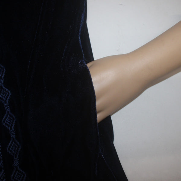Thml Dress Sz L Navy Lt Blue Embroidered Collared Sleeveless Velour Poly Dress