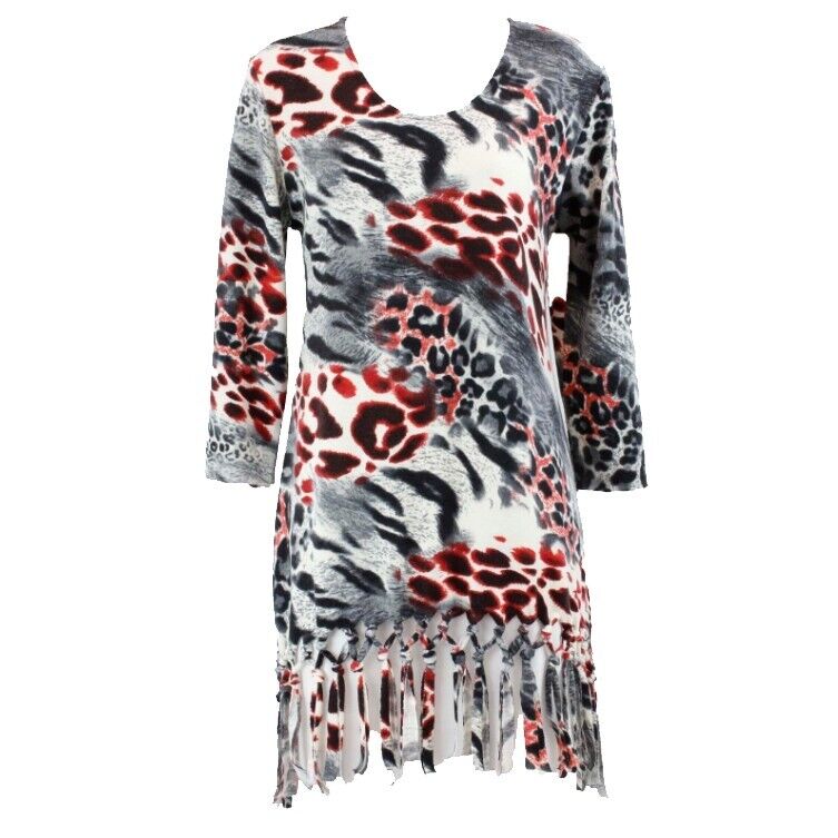 Atmosphere Sz M Charcoal Grey Cream Red Tied Fringe Hem Poly Wool Sweater