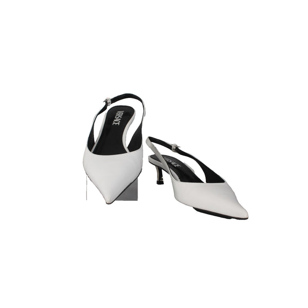 Versace Heels Sz 38 White Black Silver Kitten Heel Leather 1.5" Heels